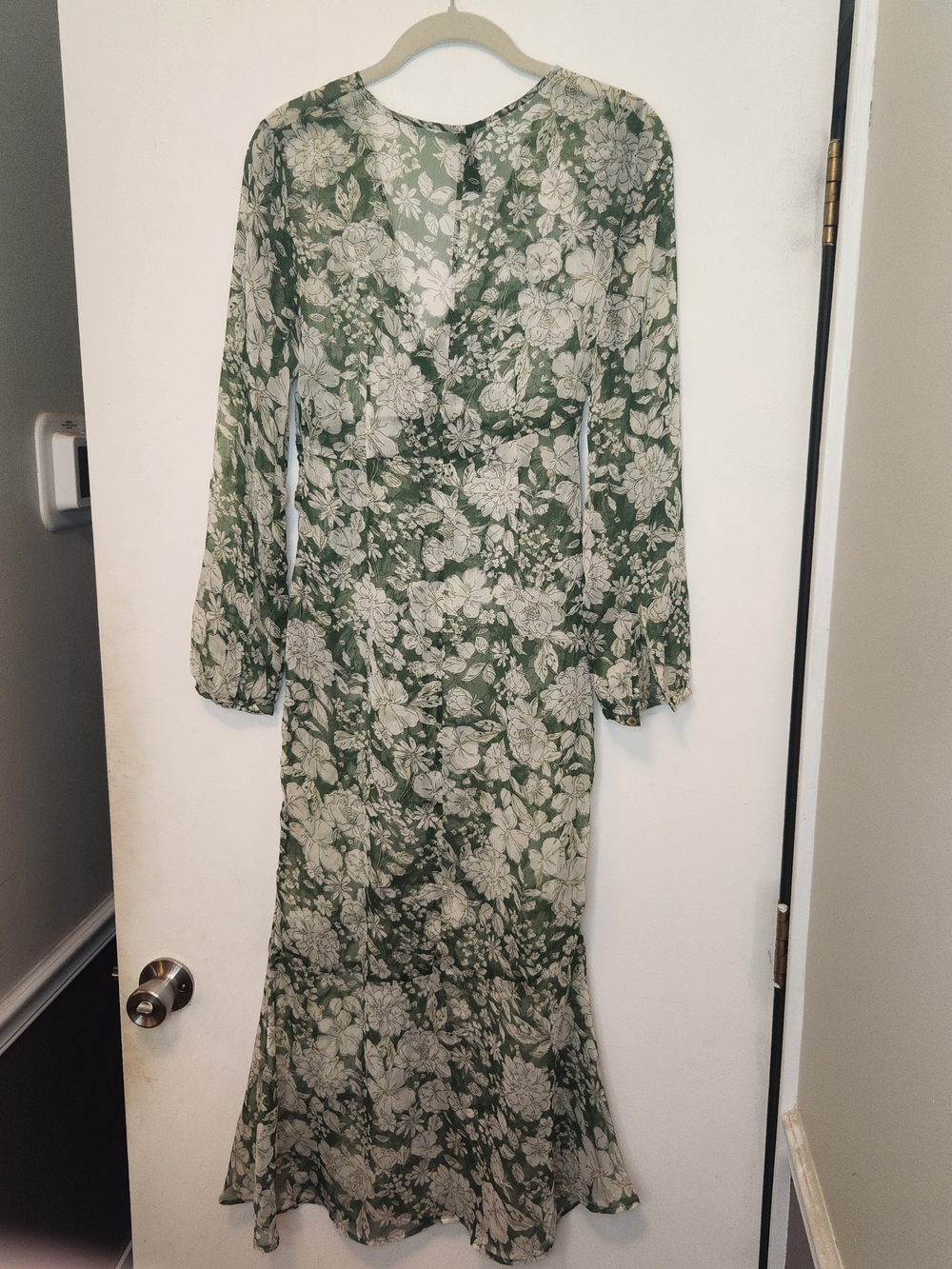 Mango Green Floral Long Sleeve Maxi Dress XS Note: Dress Is SHEER!